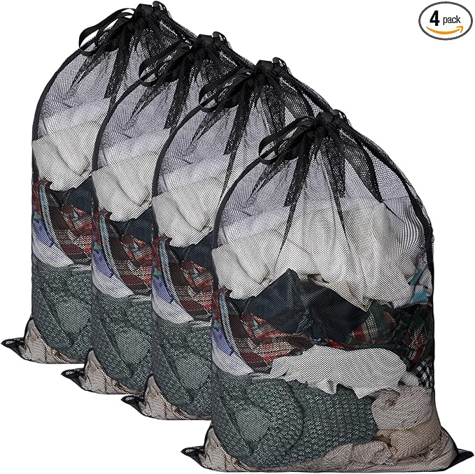 Aliceset 4 Pcs 24 x 36 Inches Mesh Laundry Bags with Drawstring Black Heavy Duty Mesh Laundry Bag with Handles Machine Washable Sheet for College Dormitory Family and Apartment Dwellers