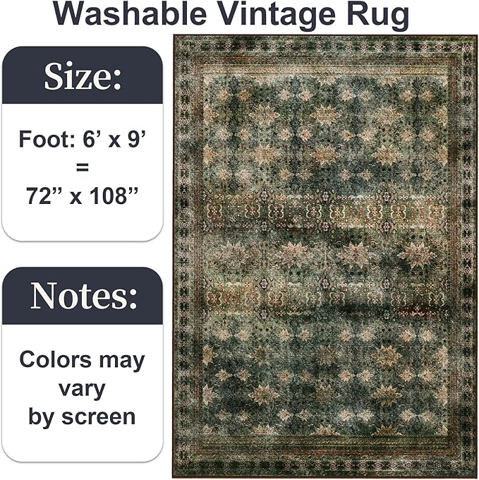 6x9 Washable Area Rug Non Slip, Thin Vintage Floral Living Room Rug Low Pile, Indoor Large Distressed Print Carpet for Bedroom, Dining Room, Farmhouse, Home Office, Dorm(Dark Green/Brown/Multi)