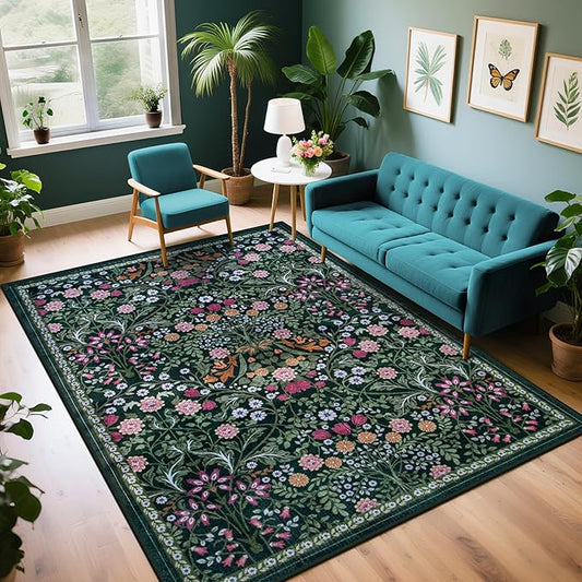 Area Rug Living Room Rugs: Floral 5x7 Washable Rug Vintage Soft Boho Non-Slip Carpet Indoor Floor Stain Resistant Large Carpets for Bedroom Dining Room Farmhouse Nursery Hallway Home Office Dark Green