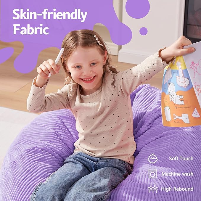 Homguava 2FT Bean Bag Chair,Teardrop Bean Bags Small Beanbag Chair with Memory Foam Filled and Ultra Soft Corduroy Cover for Living Room, Bedroom (Small,Purple)