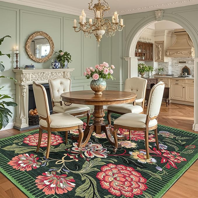 GarveeHome Forest Green Floral Botanical Washable 9x12 Rug for Living Room Soft Vintage Boho Cottage Large Rugs Low-Pile Carpet for Bedroom Dining Nursery Rug