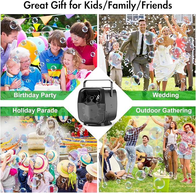 5000mAh Rechargeable Bubble Machine, 90°/180°/360° Auto Rotation, 3 Speeds, Automatic Bubble Blower for Parties, Weddings, Getherings Indoor Outdoor, Bubble Maker Toy for Toddlers, Kids, Pets