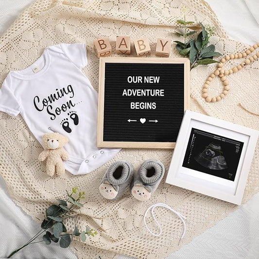 9 Pcs Pregnancy Announcement Set Pregnancy Reveal Ideas Felt Letter Board Baby Bodysuit Booties Photo Frame Bear Plush Wood Blocks for Coming Soon Baby Announcement(Black)