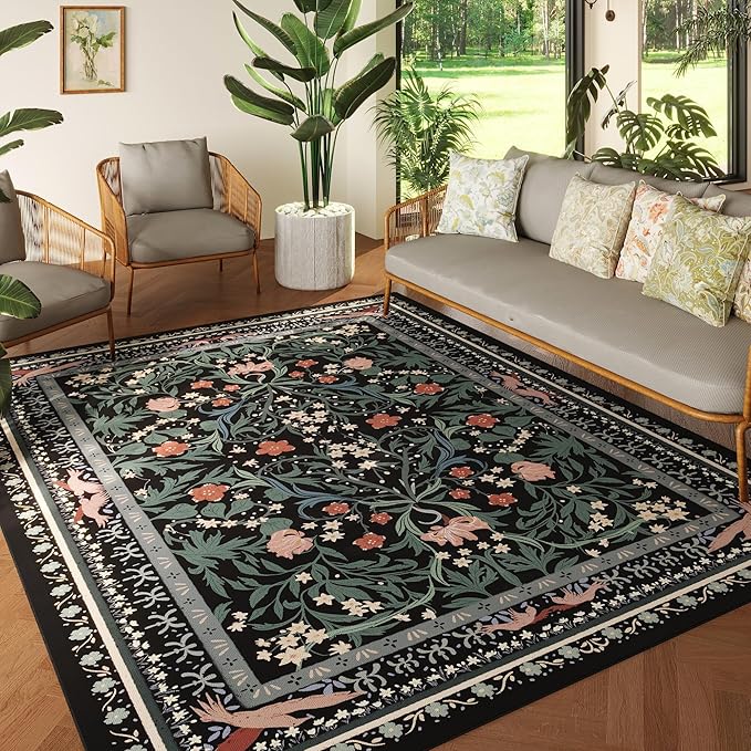 Area Rugs 8x10 for Living Room Clearance Washable Vintage Floral Botanical Rug Non Slip Low Pile Large Rug for Bedroom, Farmhouse, Dining Room, Kids Playroom, Black