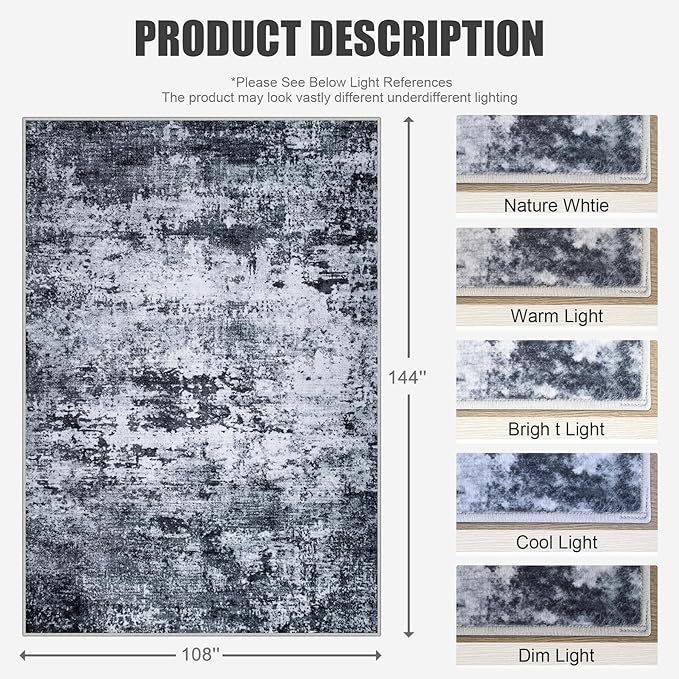 9x12 Area Rug Living Room Rug: Washable Modern Abstract Soft Thin Rug Indoor Floor No Slip Stain Resistant Carpet for Bedroom Dining Room Farmhouse Nursery Home Office - Black