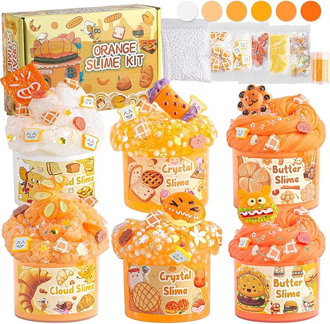 6 Packs Gradient Orange Slime Kit - Cloud Slime, Butter Slime & Clear Slime, Crunchy Slime for Kids with Various Slime Add-ins, Non Stick Slime Party Favors for Girls and Boys, 360ml Kids Slime(Bread)