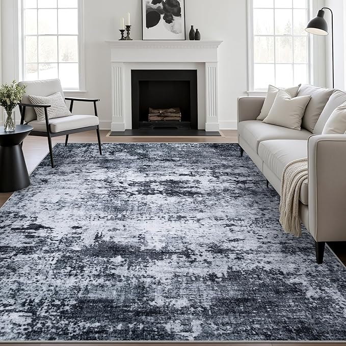 8x10 Area Rug Living Room Rug: Washable Modern Abstract Soft Thin Rug Indoor Floor No Slip Stain Resistant Carpet for Bedroom Dining Room Farmhouse Nursery Home Office - Black