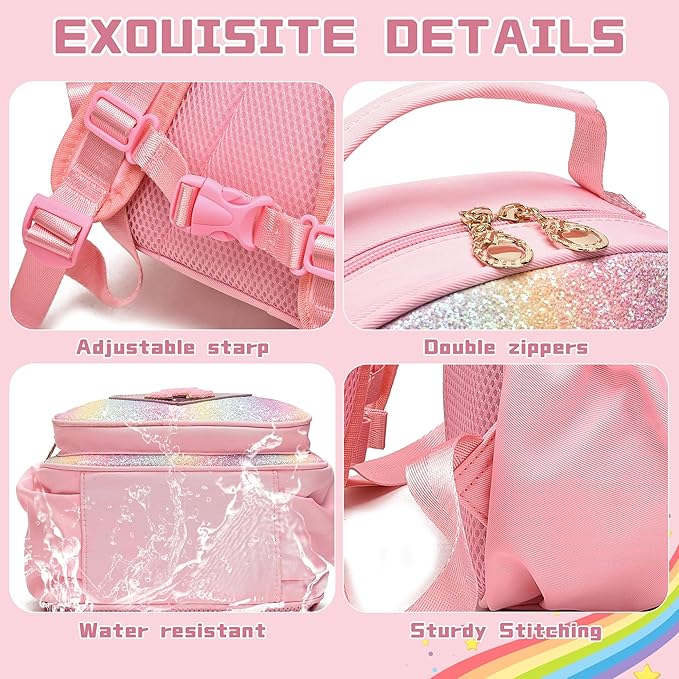 I IHAYNER Kids Glitter Lightweight Backpack for School Travel & Daycare, Toddler Backpack for Girls 3+ Preschool Kindergarten Elementary Kids Backpack-Rainbow Pink N