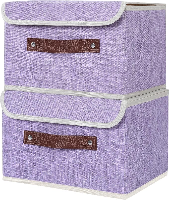 ANMINY 2PCS Storage Bins with Lid PU Leather Handles Storage Boxes PP Plastic Board Decorative Foldable Lidded Cotton Linen Fabric Home Cubes Baskets Closet Organizer Containers - Purple, Small Size