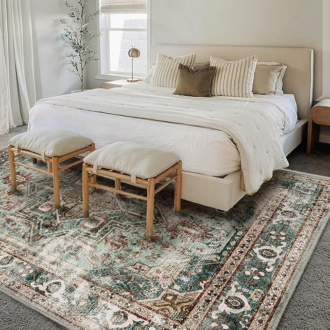 Green Area Rug 10'x14' Washable Vintage Traditional Mat Distressed Indoor Foldable Thin Retro Accent Floral Print Rug Non Slip Carpet for Living Room Dining Room Office