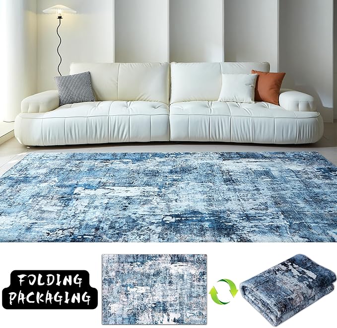 6x9 Rug Washable Bedroom Rug Large Boho Rug Soft Area Rug Abstract Pattern Non-Slip Non-Shedding Faux Wool Vintage Rug for Living Room, Farmhouse, Dining Room, Kids Playroom, Blue
