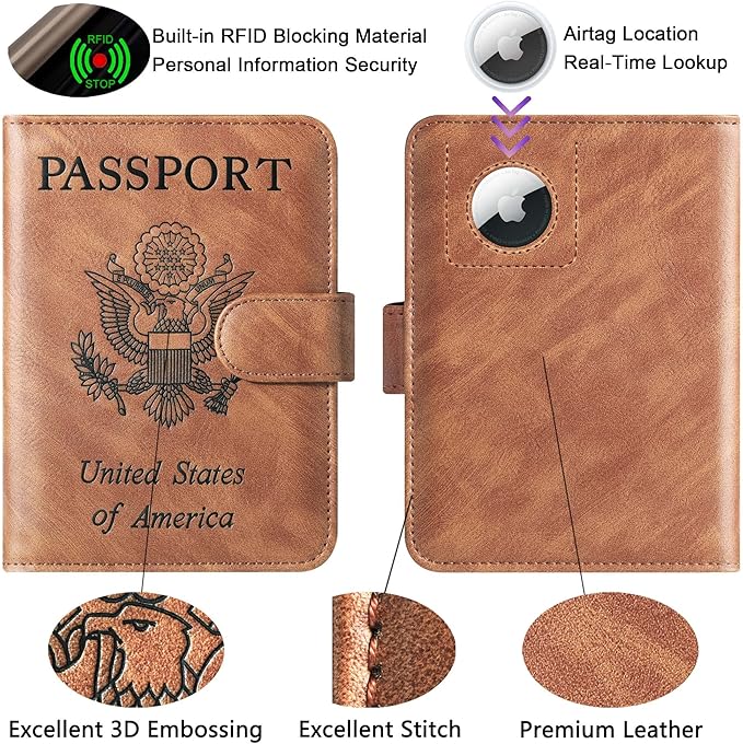 Airtag Passport Holder Cover Wallet Travel Essentials Leather Rfid Blocking Case Vacation Luggage Must Haves Travel Accessories for Men Women (117#Brown)