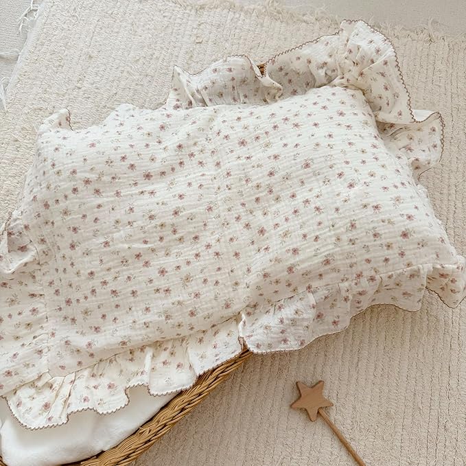BuLuTu 2-Layer Cotton Muslin Toddler Pillowcases for Girls Boys Floral Pillow Cover Decorative Pillow Cases Gauze Cotton Small Pillow Protector for Crib, Envelope Closure, 14"x20",1 pc