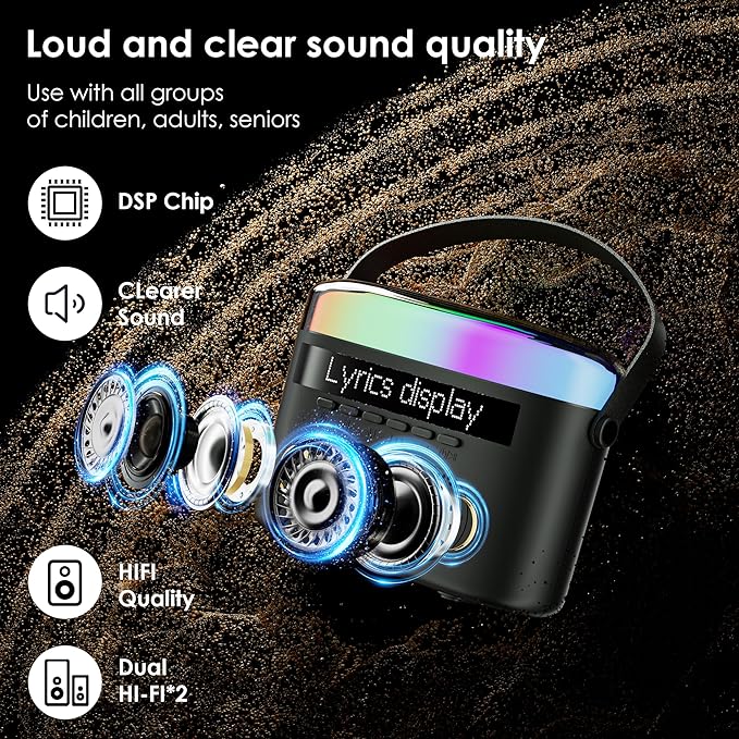 Karaoke Machine,Karaoke Machine with Lyrics Display,Portable Bluetooth 5.3 Karaoke Speaker with Upgraded Dual Speakers for Kids and Adults,with White Noise and Night Light Function (Black)