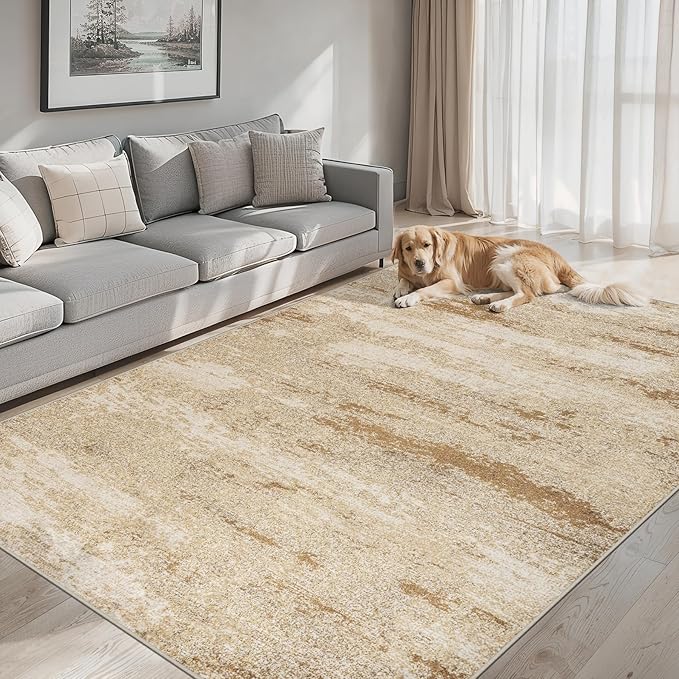 Area Rugs 9x12 Living Room - Washable Rug Modern Abstract Soft Large Neutral Non-Slip Carpet Indoor Floor Stain Resistant Thin Carpets for Bedroom Dining Room Farmhouse Nursery Home Office Beige