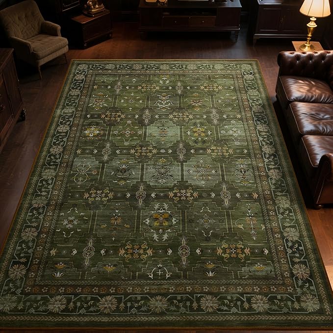 4x6 Area Rug for Bedroom Machine Washable, Non Slip Vintage Floral Kitchen Rugs for Dining Room, Low Pile Indoor Floor Print Carpet for Nursery Farmhouse Home Office Dark Green