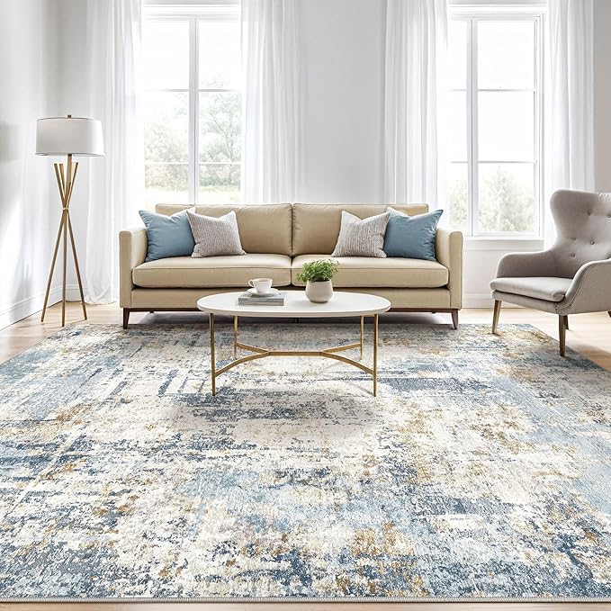 7x10 Area Rugs Washable Rug: Living Room Large Abstract Modern Soft Stain Resistant Indoor Floor Non Slip Accent Carpet for Bedroom Nursery Playroom Office Dining Room Dorm Home House- Blue