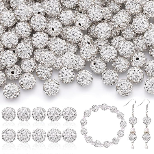 105pcs 10mm Rhinestone Beads for Jewelry Making, White Shiny Round Disco Ball Beads Bulk, Sparkle Crystal Clay Christmas Bead for Bracelet Baseball Necklace Earring Crafting and DIY