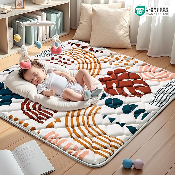 Baby Play Mats for Floor, 59x59 Playpen Mat for Babies, Extra Thicker & Soft Floor Crawling Mat, Foldable Non-Slip Playmat Cushioned for Infants Toddlers, Boho Leaf Design