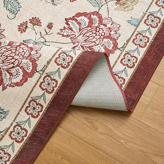 jinchan 3x8 Floral Runner Rug for Hallway Washable Kitchen Runner Vintage Romance Design Non Slip Thin Indoor Floor Cover Low-Profile Throw Carpet for Entryway Bathroom Bedroom Porch, Red/Beige