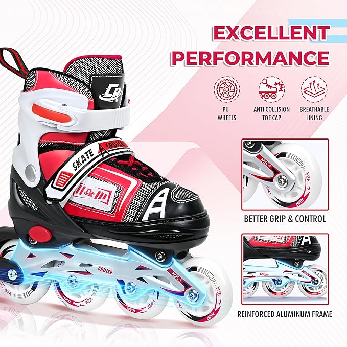 Adjustable Inline Skates for Kids, Teens, and Adults – ABEC-7 Bearings, PU Wheels, Comfortable Fit, for Indoor and Outdoor Skating