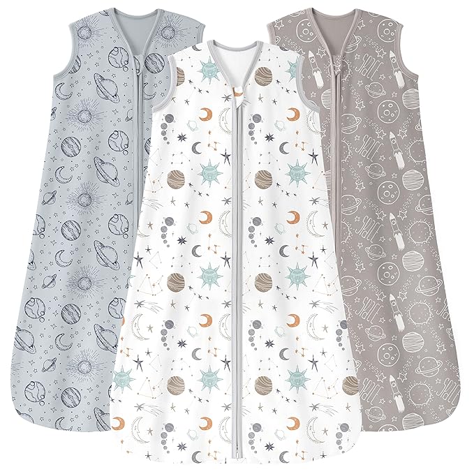 Baby Sleep Sack 6-12 Months 3 Pack 100% Cotton Lightweight 0.5 TOG Wearable Blanket Baby Sleep Bag with 2-Way Zipper for Newborn Infant White Gray Blue Space
