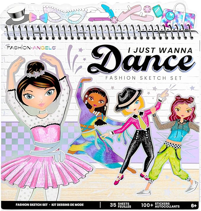 Fashion Angels I Just Wanna Dance Fashion Sketch Set, Create Dance-Themed Outfits with 35 Sketch Pages, 100+ Stickers & Stencils, Fun Craft Kit for Kids
