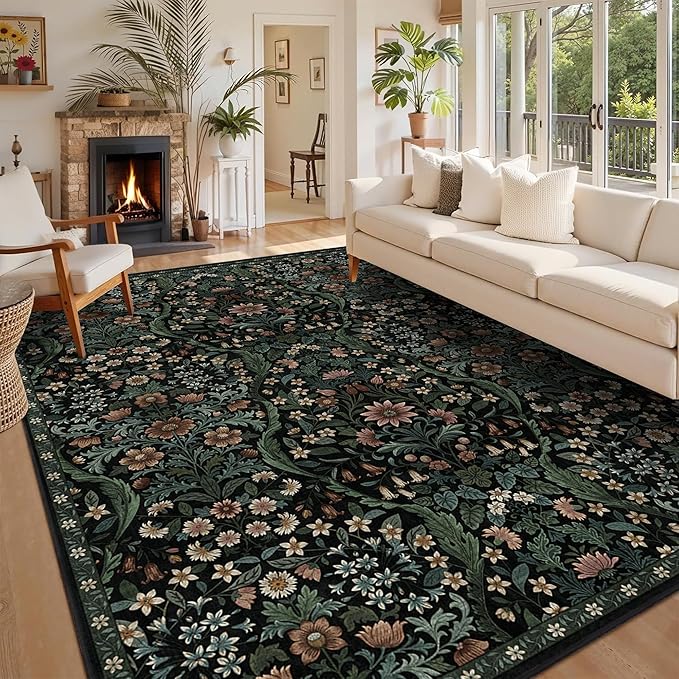 9x12 Black Vintage Floral Area Rug,Washable Large Boho Living Room Rugs,Botanical Print Non-Slip Stain Resistant Lightweight Carpet for Bedroom Dining Room Nursery