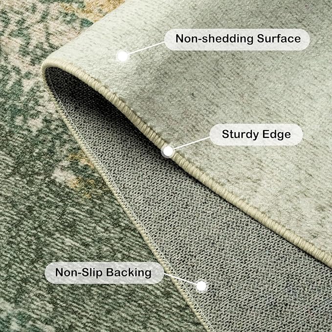 Kelarea Living Room Rug, 5x7 Rug Modern Abstract Washable Rugs Green Faux Wool Vintage Carpets, Non Slip Rug for Bedroom, Dining Room, College Dorm, Kids Playroom, Home Office