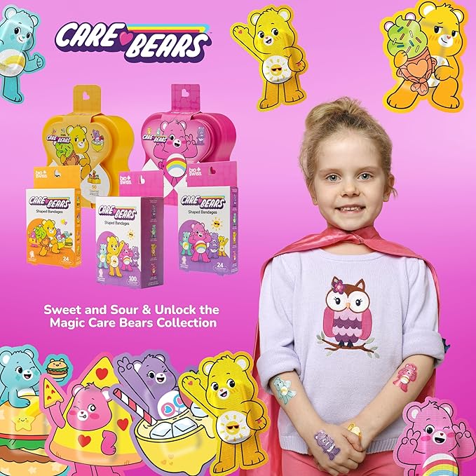 BioSwiss Care Bears Bandages, Unlock The Magic Care Bear Shaped Self Adhesive Bandage, Latex Free Sterile Wound Care, Fun First Aid Kit Supplies for Kids, 50 Count