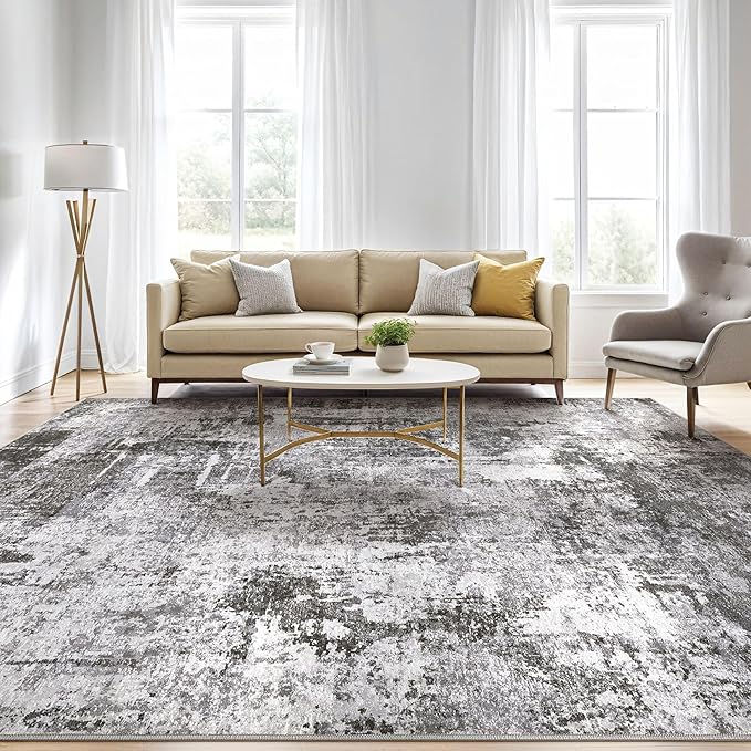 7x9 Area Rug Living Room: Machine Washable Large Abstract Modern Soft Rugs Stain Resistant Indoor Floor Non Slip Accent Carpet for Bedroom Nursery Playroom Office Dining Room Dorm Home- Black Grey
