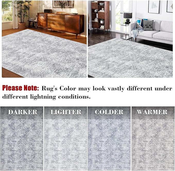 COZYLOOM Area Rug 4x6 Modern Washable Distressed Accent Carpet with Non-Slip Backing, Ultra-Soft Contemporary Geometric Floor Mat for Living Room, Kitchen, Bedroom, Grey