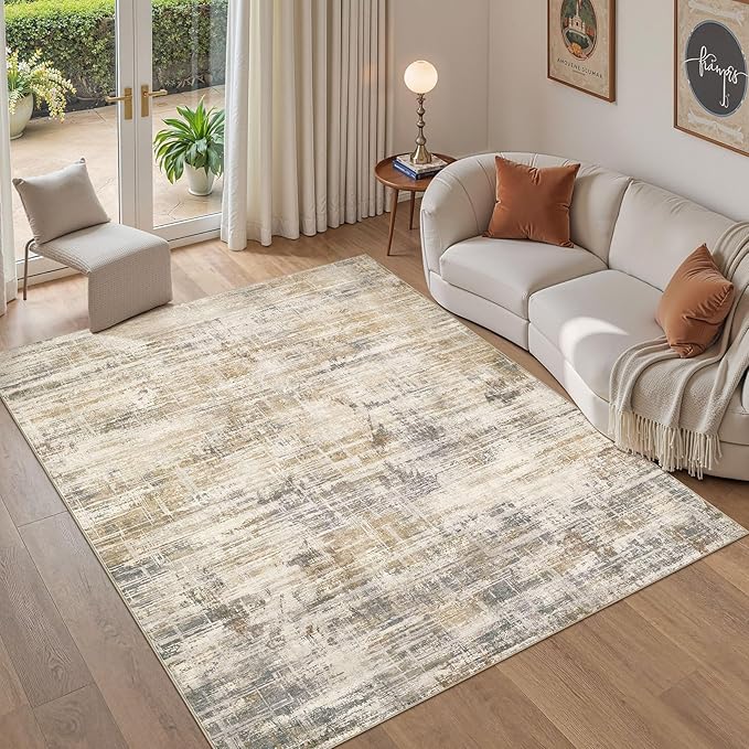 Area Rug for Living Room: 5x7 Thickened Washable Neutral Abstract Modern Soft Rugs Non Slip Indoor Floor Stain Resistant Carpet for Bedroom Dining Room Office Nursery - Golden Brown