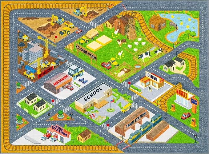 KC Cubs 8x10 Country Farm Construction Car Road Street Rug – Educational Carpet Play Mat for Kids, Toddlers Nursery, Classroom, Playroom, Baby Daycare