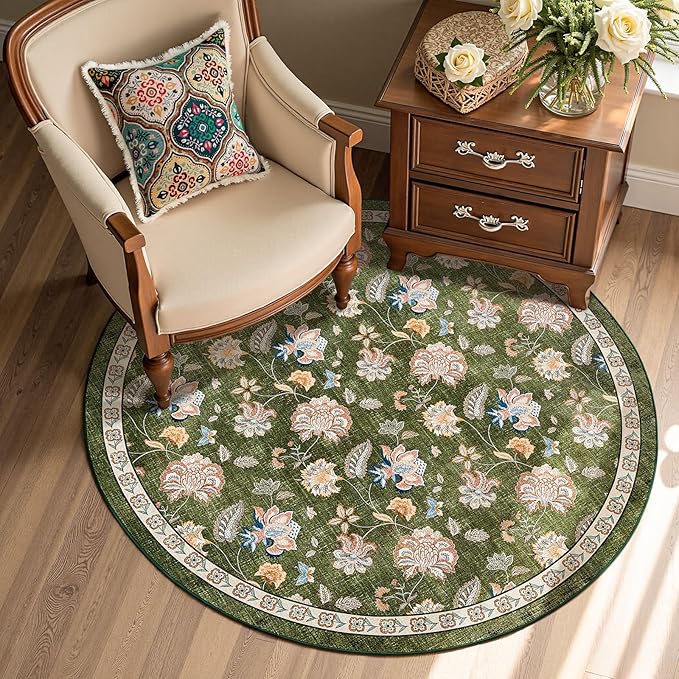jinchan 4ft Floral Round Rug for Entryway Washable Kitchen Rug Vintage Romance Design Non Slip Indoor Doormat Lightweight Low-Profile Throw Carpet for Living Room Dining Room Bedroom, Green