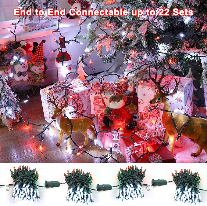 Brizled Red & White Christmas Lights, 33ft 100 LED Christmas Tree Lights, 120V UL Listed Mini String Lights Connectable, Plugin LED Xmas Lights, Indoor Christmas Lights for Outdoor Party Home Decor