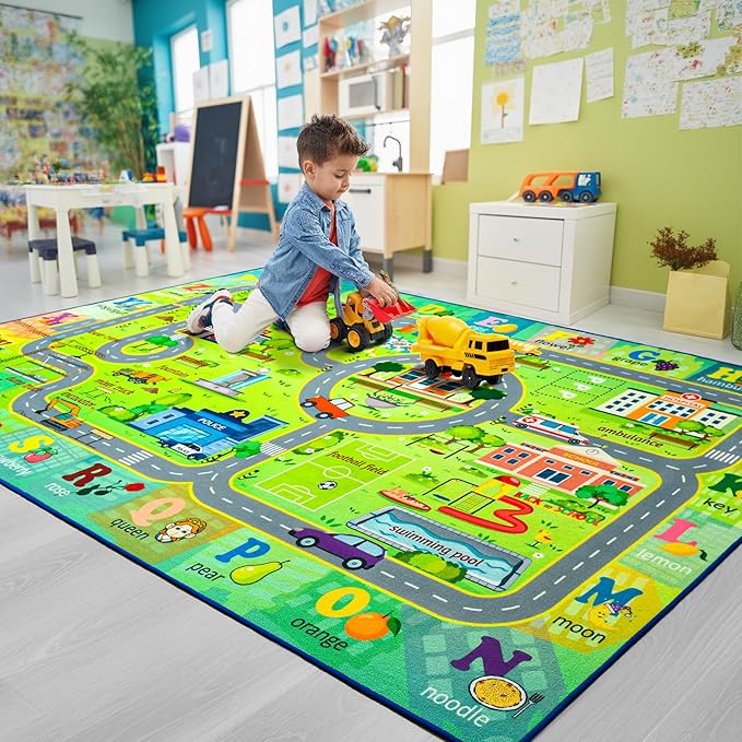 Chicrug 5x8 Car Road Area Rug for Kids Playroom Bedroom, Non Slip Low Pile Washable ABC Alphabet Carpet for Classroom, City Track Play Mat for Toddler Children Nursery Baby Room Decor, Green