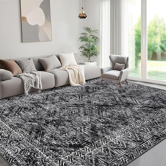 COZYLOOM Area Rug for Bedroom 5x7 Machine Washable Rugs for Living Room Modern Abstract Floor Cover Non Slip Low Pile Geometric Mats Stain Resistant Soft Carpet for Dining Room, Black
