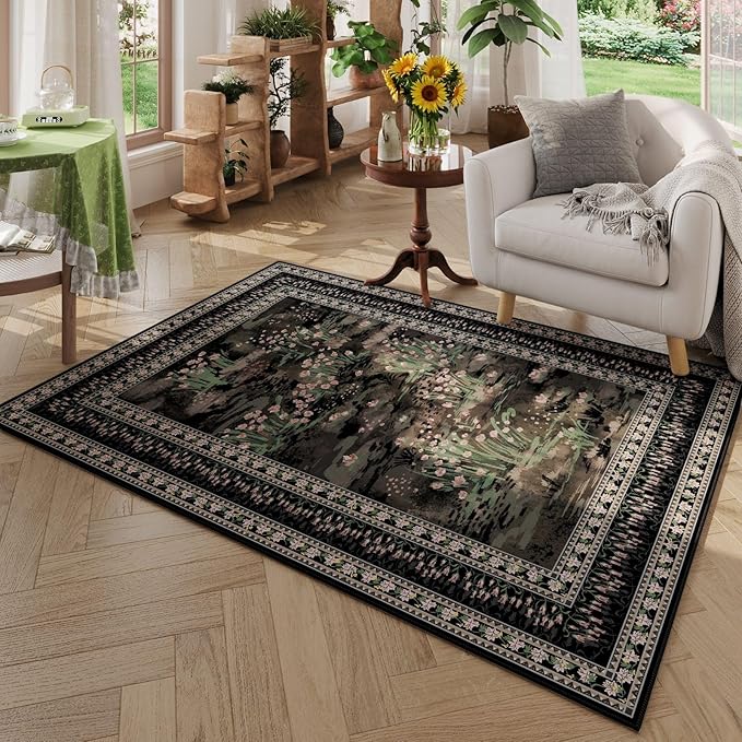 4x6 Rug for Bedroom Impressionist-Style Vintage Washable Rugs Non Slip Low Pile Small Carpet for Bedside Kids Room Office Dining Room, Black
