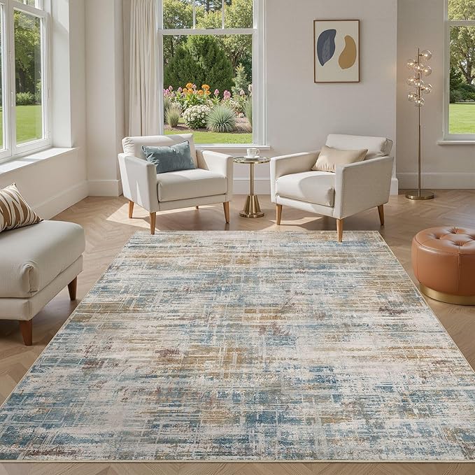 Area Rug for Living Room: 6x9 Washable Neutral Abstract Modern Soft Rugs Non Slip Indoor Floor Stain Resistant Large Carpet for Bedroom Dining Room Office Nursery - Blue Brown