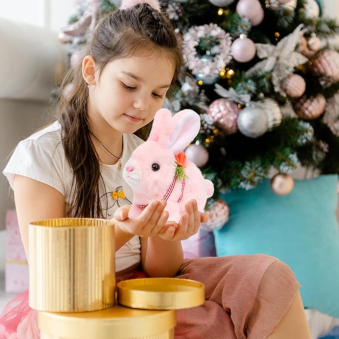 Easfan Hopping Pink Bunny Interactive Electronic Pet Plush Glowing Toy with Sounds Jumping Rabbit Ears Moving Educational Plush Toy Easter Birthday Gifts for Kids Girls, 7''