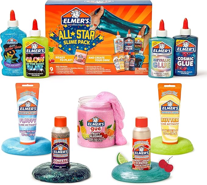 Elmer’s All-Star Slime Kit, Includes Liquid Glue, Slime Activator, and Premade Slime, 9 Count
