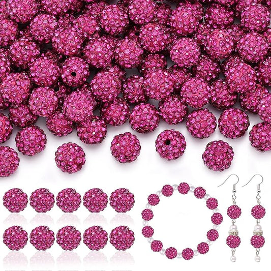 200pcs 10mm Rhinestone Beads for Jewelry Making, Fuchsia Shiny Round Disco Ball Beads Bulk, Sparkle Crystal Clay Christmas for Bracelet Baseball Necklace Earring Crafting and DIY