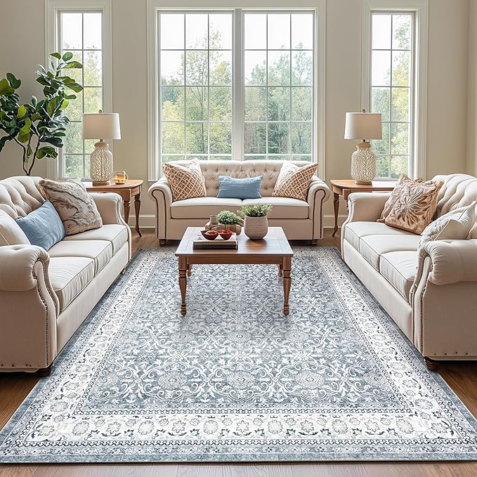 jinchan Floral 6x9 Area Rugs for Living Room - Machine Washable Vintage Distressed Boho Design Throw Rug Stain Resistant Carpet Low-Pile Thin Non-Slip for Bedroom Dining Room Nursery (6‘x9',Grey)