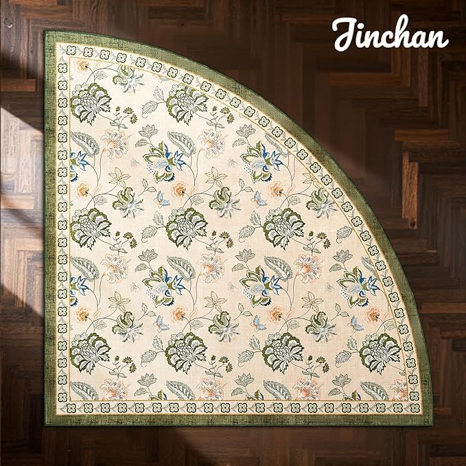 jinchan Floral Corner Rug for Kitchen Washable Nursery Rug Vintage Romance Design Non Slip Quarter Circle Lightweight Low-Pile Throw Carpet for Playroom Reading Nook Office, 5ft Radius, Green/Beige