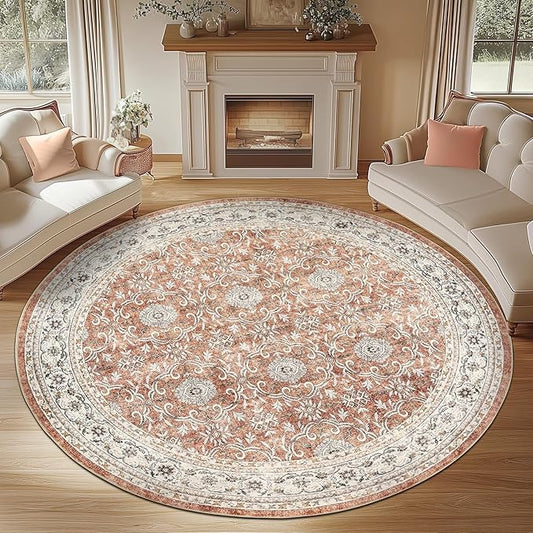 jinchan Round Rug 7ft Washable Circle Soft Rug - Low Pile Vintage 7'Round Indoor Orange Floral Print Stain Resistant Boho Carpet Ultra-Thin Non-Slip for Living Room Bedroom Dining Room Kitchen