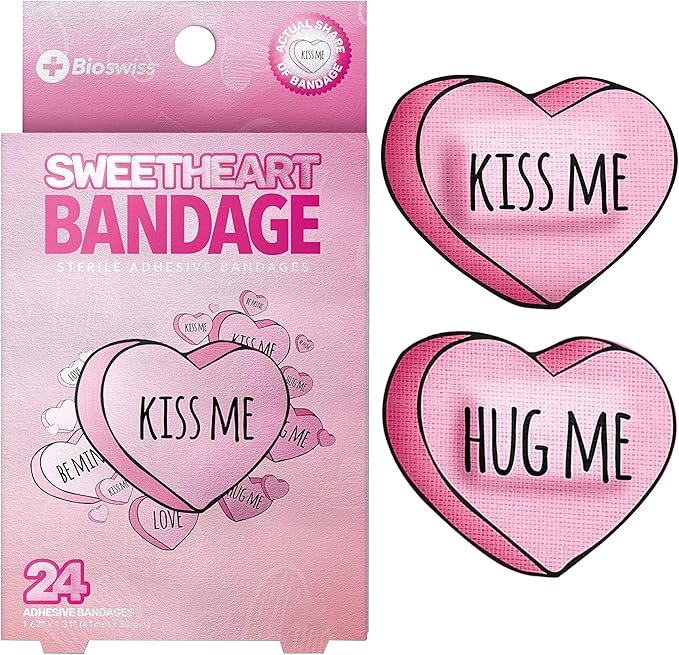 BioSwiss Bandages, Valentine Valentine Heart Shaped Self Adhesive Bandage, Latex Free Sterile Wound Care, Fun First Aid Kit Supplies for Kids, 24 Count