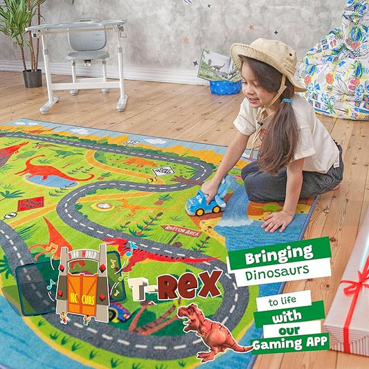 KC Cubs 3x5 Dinosaur Toy Car Dino Road Rug – Educational Play Mat Carpet for Kids, Toddlers, Nursery, Classroom, Playroom, Baby Daycare, Boys & Girls