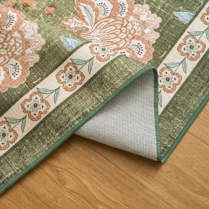 jinchan Floral Corner Rug for Living Room Washable Bedroom Rug Vintage Romance Design Non Slip Quarter Circle Lightweight Low-Pile Throw Carpet for Reading Nook Playroom,7ft Radius, Green