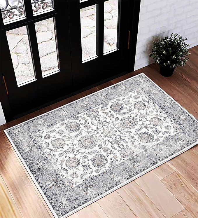 Area Rug 2x3 Washable Rug Door Mat Vintage Distressed Doormat Indoor Entrance Traditional Thin Floral Print Non Slip Carpet for Kitchen Bathroom Bedroom Living Room